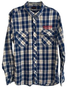 Netflix Stranger Things Flannel Shirt Blue White Plaid Button Up Unisex Sz Large